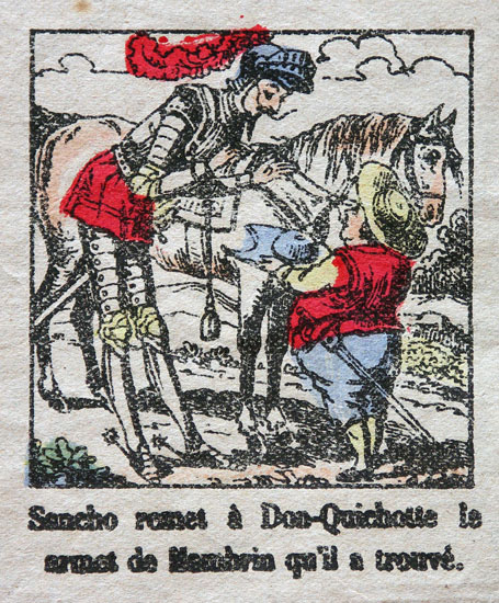 Sancho remet à Don-Quichotte le armet de Mambrin qu'il a trouvé.