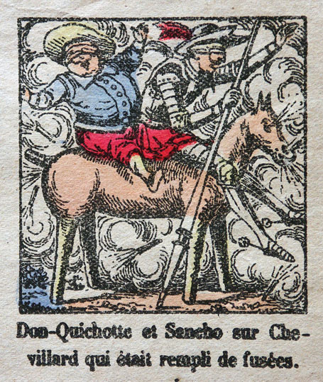 Don-Quichotte et Sancho sur Chevillard qui était rempli de fusées.