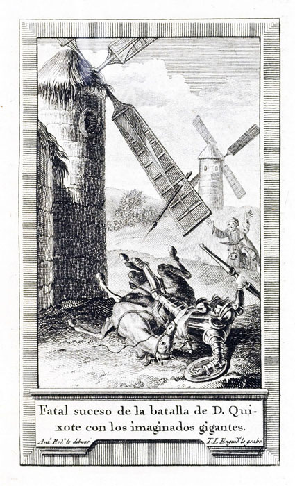 Fatal suceso de la batalla de D. Quixote con los imaginados gigantes.