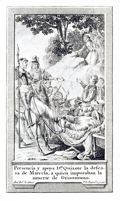 Presencia y apoya Dn. Quixote la defensa de Marcela, á quien imputaban la muerte de Grisostomo.