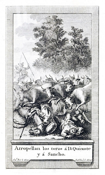 Atropellan los toros á D. Quixote y á Sancho.