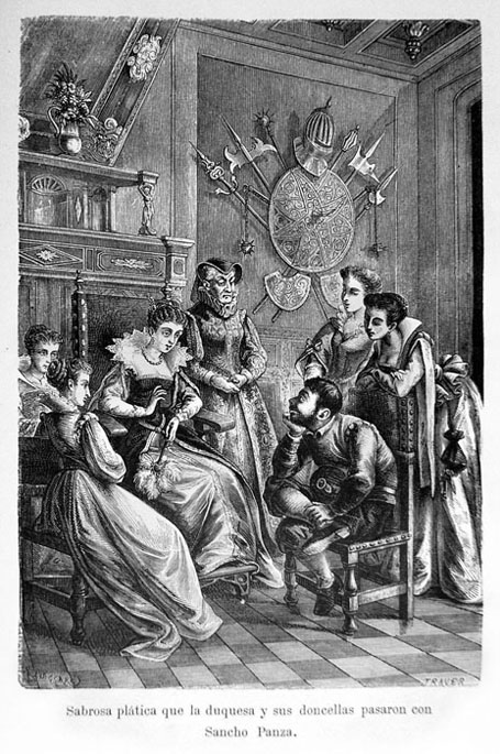 Sabrosa plática que la duquesa y sus doncellas pasaron con Sancho Panza.