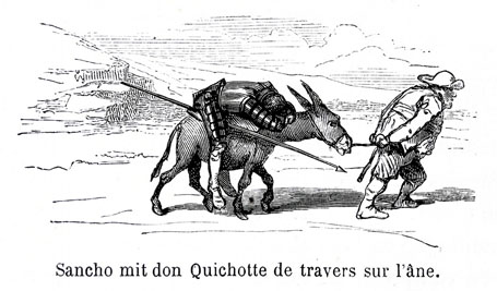 Sancho mit don Quichotte de travers son l'âne