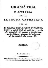 Gramática y apología de la llengua cathalana
