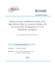 Repercusiones medioambientales de la agricultura sobre los recursos hídricos de la Comunidad de Regantes nº V de Bardenas (Zaragoza)