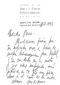 Tarjeta de José Luis Borau a Francisco Rabal. 10 de mayo de 1997