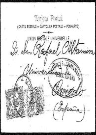 Tarjeta postal de Víctor Pérez Petit a Rafael Altamira. Montevideo, 18 de mayo de 1903