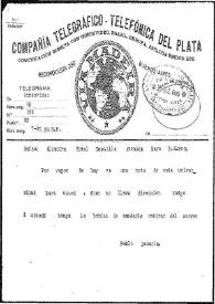 Telegrama de Pablo De María a Rafael Altamira. Montevideo, 25 de septiembre de 1909