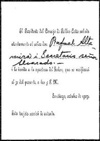 Tarjeta de invitación del presidente del Consejo de Bellas Artes a Rafael Altamira. Santiago, octubre de 1909