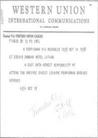 Telegrama por cable a Amanda Xammmar, 18 de octubre de 1958