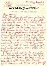 Carta dirigida a Aniela, Arthur y Alina Rubinstein. Tel Aviv (Israel), 01-08-1963