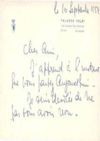Tarjeta de visita dirigida a Arthur Rubinstein. Venecia, 10-09-1957