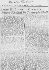 Artur  (Arthur) Rubinstein Presents Piano Recital in Carnegie Hall