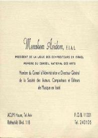 Tarjeta de visita dirigida a Arthur Rubinstein. Tel Aviv (Israel), 12-04-1977