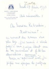 Carta dirigida a Arthur Rubinstein. París (Francia), 27-02-1973