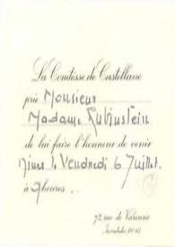 Invitación dirigida a Aniela y Arthur Rubinstein. París (Francia)