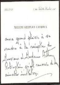 Tarjeta de visita dirigida a Aniela y Arthur Rubinstein. París (Francia), 15-06-1972