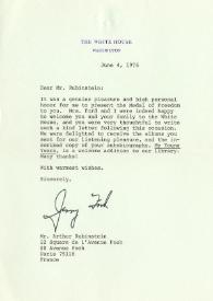 Carta dirigida a Arthur Rubinstein. Washington D.C., 04-06-1976