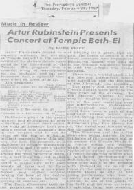 Artur (Arthur) Rubinstein presents concert at Temple Beth-El