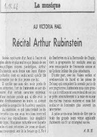 Au Victoria Hall : Récital Arthur Rubinstein