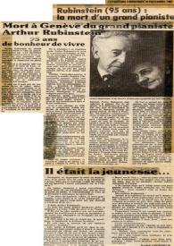 Rubinstein (95 ans) : la mort d'un grand pianiste : Mort à Genève du grand pianiste Arthur Rubinstein : 95 ans de bonheur de vivre