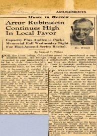 Artur (Arthur) Rubinstein continues high in local favor