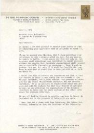 Carta dirigida a Arthur Rubinstein. Tel Aviv (Israel), 01-07-1974