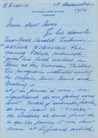Carta dirigida a Arthur Rubinstein. Lausana (Suiza), 10-12-1954