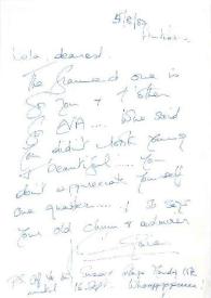 Carta dirigida a Aniela Rubinstein. Antibes (Francia), 05-08-1987