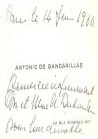 Tarjeta de visita dirigida a Aniela y Arthur Rubinstein. París (Francia), 14-06-1966