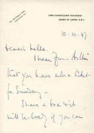 Carta dirigida a Aniela Rubinstein. Londres (Inglaterra), 10-10-1947