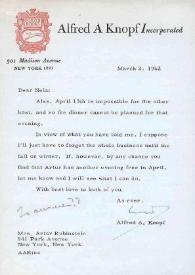 Carta dirigida a Aniela Rubinstein. Nueva York, 02-03-1962