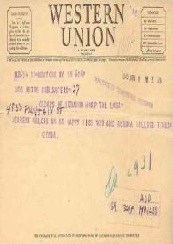 Telegrama dirigido a Aniela Rubinstein. Nueva York, 18-01-1945