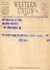 Telegrama dirigido a Aniela Rubinstein. Nueva York, 08-04-1947