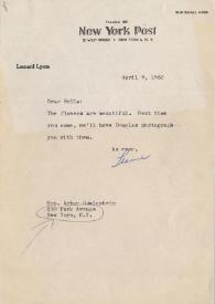 Carta dirigida a Aniela Rubinstein. Nueva York, 09-04-1962