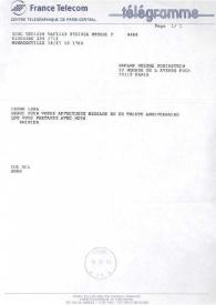 Telegrama dirigido a Aniela Rubinstein. Monte-Carlo, Mónaco (Francia), 16-09-1993