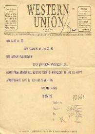Telegrama dirigido a Aniela Rubinstein. Nueva York, 25-01-1945