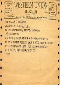 Telegrama dirigido a la Familia Labunski, Rubinstein y Mlynarski. Los Angeles (California), 06-07-1960