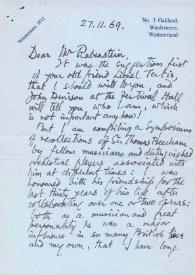 Carta dirigida a Arthur Rubinstein. Windremere, Westmorland , 27-11-1969