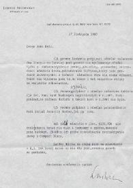 Carta dirigida a Aniela Rubinstein. Nueva York (Estados Unidos), 17-11-1988
