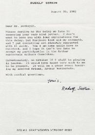 Carta a Martin Bookspan, Rubinstein Tribute Committee. Brattleboro, Vermont (Estados Unidos), 30-08-1982