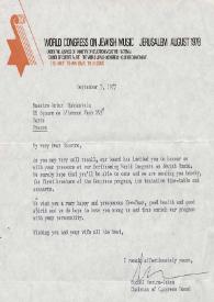 Carta dirigida a Arthur Rubinstein. Tel Aviv (Israel), 03-09-1977