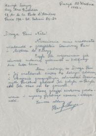 Carta dirigida a Aniela Rubinstein. París (Francia), 22-09-1952