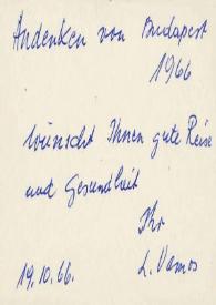 Tarjeta dirigida a Arthur Rubinstein. Budapest (Hungría), 19-10-1966