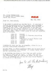 Carta dirigida a Arthur Rubinstein. Nueva York (Estados Unidos), 28-05-1969