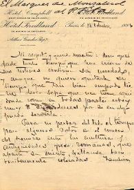 Carta del Marqués de Monsalud a F. Fita desde París rogando comunique a Pedro Madrazo que no se olvide de Mérida como miembro de la Comisión Mixta