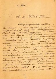 Carta de Juan Sanguino y Michel a F. Fita comunicando una lápida descubierta en la necrópolis de Ibahernando