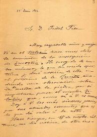Carta de Juan Sanguino y Michel a F. Fita sobre una inscripción de Ibahernando; comunica que quiere sacar calcos de ésta y de la de Nuestra Señora de la Jara