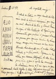 Carta de Juan Sanguino y Michel a F. Fita en la que envía dibujo de un epígrafe de la ermita de San Román de Lebeña.