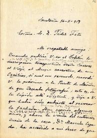 Carta de Juan Sanguino y Michel a F. Fita sobre inscripciones de Cáceres; envía fotografías de una inscripción latina y otra griega y dibujo de un epígrafe de un ara de Valdelacasa